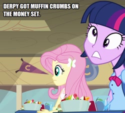 Size: 552x500 | Tagged: safe, edit, edited screencap, screencap, derpy hooves, fluttershy, twilight sparkle, equestria girls, equestria girls (movie), caption, derp, food, image macro, text