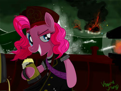 Size: 1024x768 | Tagged: safe, artist:vincentjiang0v0, pinkie pie, pony, alcohol, bipedal, boat, dreamworks face, hoof hold, ocean, pirate, storm