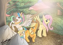 Size: 6071x4299 | Tagged: safe, artist:linkrayprod, applejack, fluttershy, princess celestia, alicorn, earth pony, pegasus, pony, absurd resolution