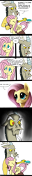 Size: 989x5339 | Tagged: safe, artist:wolverfox, discord, fluttershy, pegasus, pony, angry, annoyed, brush, brushie, brushing, close-up, comic, cute, discute, eyes closed, floppy ears, frown, glare, grin, grumpy, madorable, prone, puppy dog eyes, shyabetes, smiling, unamused, watch