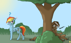 Size: 3000x1800 | Tagged: safe, artist:captainpudgemuffin, derpibooru import, rainbow dash, oc, oc:yoshi ringo, pegasus, pony, cute, floppy ears, fluffy, frown, glasses, grin, hiding, laughing, question mark, raised eyebrow, smiling, sneaking, stalker, tree