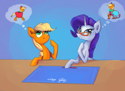 Size: 1500x1100 | Tagged: safe, artist:senx, applejack, rarity, earth pony, pony, unicorn, clothes, dress, glasses, pencil, pictogram, rarity's glasses, that pony sure does love apples, thought bubble