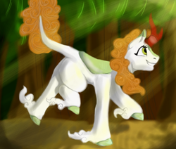 Size: 640x542 | Tagged: safe, artist:d3pressedr4inbow, autumn blaze, kirin, crepuscular rays, female, forest, mare, smiling, solo, wip