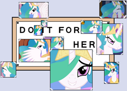 Size: 1400x1000 | Tagged: safe, princess celestia, alicorn, pony, do it for her, eyes closed, laughing, lip bite, looking back, meme, smiling, spread wings, the simpsons, waifu