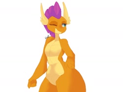 Size: 2005x1508 | Tagged: safe, artist:rudyrusek, smolder, dragon, dragoness, female, older smolder, one eye closed, simple background, solo, white background, wide hips, wink