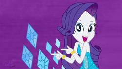 Size: 1280x720 | Tagged: safe, artist:leone di cielo, edit, rarity, equestria girls, canterlot high, clothes, cutie mark, dress, fall formal, fall formal outfits, finger gun, finger guns, helping twilight win the crown, jewel, jewelry, looking at you, outfit, picture, pointing, smiling, solo