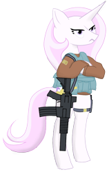 Size: 568x896 | Tagged: safe, artist:totallynotabronyfim, derpibooru import, fleur-de-lis, pony, angry, bipedal, clothes, gun, jacket, rifle, solo, vest, weapon