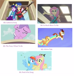 Size: 2752x2832 | Tagged: safe, edit, edited screencap, screencap, applejack, autumn blaze, diamond tiara, flash sentry, fluttershy, rainbow dash, twilight sparkle, better together, crusaders of the lost mark, equestria girls, equestria girls (movie), may the best pet win, so much more to me, sounds of silence, a kirin tale, collage, crying, find a pet, geode of fauna, guitar, helping twilight win the crown, list, magical geodes, musical instrument, the pony i want to be, top 20 g4 songs