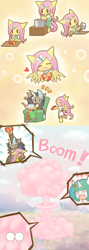 Size: 860x2419 | Tagged: safe, artist:howxu, discord, fluttershy, princess celestia, anthro, baking, box of chocolates, chibi, cute, explosion, mushroom cloud, newspaper, shyabetes