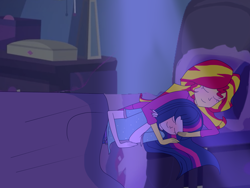 Size: 1600x1200 | Tagged: safe, artist:xxcutecookieswirlsxx, sci-twi, sunset shimmer, twilight sparkle, equestria girls, bed, cuddling, female, lesbian, scitwishimmer, shipping, sleeping, sunsetsparkle