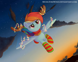 Size: 1920x1529 | Tagged: safe, artist:musicfirewind, derpibooru import, rainbow dash, pegasus, pony, antlers, christmas, christmas lights, clothes, female, flying, holiday, mare, reindeer antlers, socks, solo, striped socks