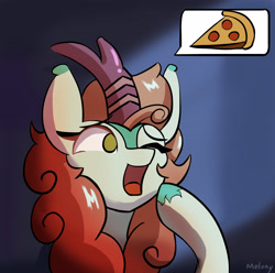 Size: 2744x2721 | Tagged: safe, artist:melony98, autumn blaze, kirin, feed me, female, food, high res, hoof on cheek, mare, meat, one eye closed, pepperoni, pepperoni pizza, pictogram, pizza, solo, speech bubble