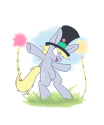 Size: 1280x1536 | Tagged: safe, artist:heir-of-rick, derpy hooves, pegasus, pony, bipedal, female, grass, hat, mare, solo, the lorax, tongue out, truffula tree