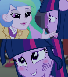 Size: 666x748 | Tagged: safe, screencap, princess celestia, principal celestia, twilight sparkle, equestria girls, blushing, implied twilestia, out of context, ponied up