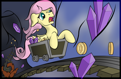 Size: 5950x3850 | Tagged: safe, artist:dragmodnotloc, fluttershy, pegasus, pony, bits, gameloft, gem, minecart, solo