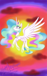 Size: 800x1280 | Tagged: safe, artist:samnightmare, princess celestia, alicorn, pony, crown, female, flying, gradient background, horn, looking up, mare, multicolored mane, multicolored tail, signature, solo, spread wings, white coat, white wings, wings