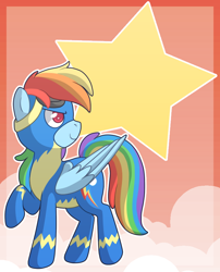 Size: 718x888 | Tagged: safe, artist:octavla, derpibooru import, rainbow dash, pegasus, pony, abstract background, cloud, female, goggles, looking back, looking up, mare, raised hoof, raised leg, smiling, smirk, solo, stars, wonderbolts uniform