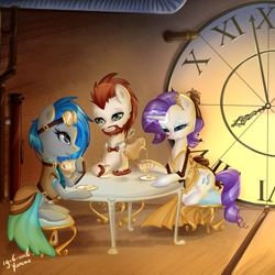 Size: 1000x1000 | Tagged: safe, artist:yuntaoxd, rarity, oc, pony, unicorn, beard, bowtie, clock, clock face, clothes, commission, dress, eyeshadow, facial hair, goggles, levitation, magic, makeup, steampunk, steampunk is magic, table, tea party, teacup, telekinesis, window