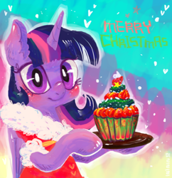 Size: 630x650 | Tagged: safe, artist:mirululu, derpibooru import, twilight sparkle, twilight sparkle (alicorn), alicorn, pony, blushing, christmas pudding, ear fluff, female, food, hoof hold, mare, merry christmas, solo