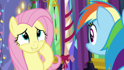 Size: 1280x720 | Tagged: safe, derpibooru import, screencap, fluttershy, rainbow dash, pegasus, pony, best gift ever, duo, female, mare