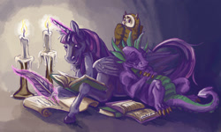 Size: 1024x614 | Tagged: safe, artist:substantiallyuseless, derpibooru import, owlowiscious, spike, twilight sparkle, twilight sparkle (alicorn), alicorn, dragon, pony, book, candle, female, magic, mare, quill, scroll