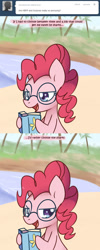 Size: 600x1500 | Tagged: safe, artist:solar-slash, pinkie pie, earth pony, pony, ask, ask pinkie pie solutions, book, comic, female, glasses, mare, solo, tumblr