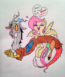 Size: 1222x1434 | Tagged: safe, artist:ameliacostanza, discord, fluttershy, blushing, discobat, discoshy, female, flutterbat, male, shipping, straight, traditional art