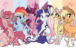 Size: 1000x647 | Tagged: safe, artist:probablyfakeblonde, derpibooru import, applejack, fluttershy, pinkie pie, rainbow dash, rarity, twilight sparkle, twilight sparkle (alicorn), alicorn, earth pony, pegasus, pony, unicorn, chest fluff, cutie mark, female, happy, hooves, mane six, mare, open mouth, raised hoof, simple background, smiling, unshorn fetlocks, wingding eyes, wink