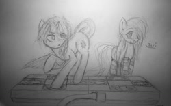 Size: 1024x633 | Tagged: safe, artist:thattagen, derpibooru import, fluttershy, twilight sparkle, pegasus, pony, dance dance revolution, monochrome, rhythm game, traditional art