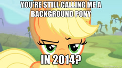 Size: 1024x576 | Tagged: safe, applejack, earth pony, pony, background pony, background pony applejack, current year, female, image macro, looking at you, mare, meme, solo, unconvinced applejack