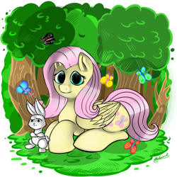 Size: 5000x5000 | Tagged: safe, artist:malamol, angel bunny, fluttershy, butterfly, pegasus, pony, absurd resolution, forest, prone