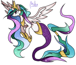 Size: 370x320 | Tagged: safe, artist:advitee-chan, princess celestia, alicorn, merpony, pony, female, horn, mare, multicolored mane, solo, white coat