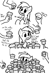 Size: 500x750 | Tagged: safe, artist:dinoderpy, derpy hooves, human, pony, comic, flanderization, food, lmao, lol, monochrome, muffin, offscreen character, offscreen human