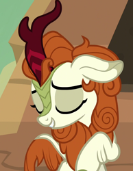 Size: 840x1080 | Tagged: safe, screencap, autumn blaze, kirin, sounds of silence, cropped, eyes closed, female, smiling, solo