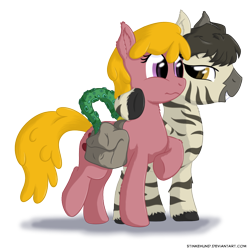 Size: 1100x1100 | Tagged: safe, artist:stinkehund, derpibooru import, cherry berry, oc, oc only, earth pony, original species, zebra, duo, female, fluffy, male, saddle bag, tentacles, tentapony