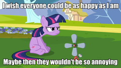 Size: 960x538 | Tagged: safe, derpibooru import, edit, edited screencap, screencap, twilight sparkle, unicorn twilight, pony, unicorn, hurricane fluttershy, anemometer, dialogue, female, grumpy twilight, happy, image macro, mare, sitting, solo