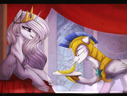 Size: 1024x768 | Tagged: safe, artist:orfartina, princess celestia, alicorn, pony, banana, chest fluff, fluffy, food, princess molestia, prone, royal guard, unshorn fetlocks