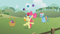 Size: 1280x720 | Tagged: safe, derpibooru import, screencap, apple bloom, rainbow dash, earth pony, pegasus, pony, call of the cutie, adorabloom, ball, basket, cute, dashabetes, female, feminism, filly, juggler, juggling, mare, rainbow dash is best pony, rainbow sass, sassabloom