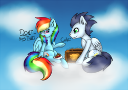 Size: 1944x1368 | Tagged: safe, artist:mint0swirl, derpibooru import, rainbow dash, soarin', pegasus, pony, blushing, cloud, cloudy, cute, fanfic art, female, i'm not cute, male, old cutie mark, pie, shipping, soarindash, straight, tsunderainbow, tsundere