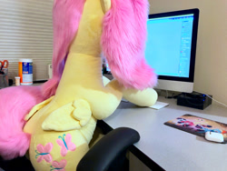 Size: 1280x960 | Tagged: safe, artist:natureshy, artist:qtpony, fluttershy, pegasus, pony, chair, computer, cute, desk, fluffy, life size, photo, plushie, shyabetes, side view, sitting, thicc ass, wide hips