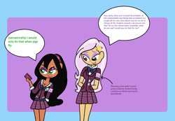 Size: 1052x728 | Tagged: safe, artist:obeliskgirljohanny, derpibooru import, fleur-de-lis, oc, oc:scarla, equestria girls, friendship games, cellphone, clothes, crystal prep academy uniform, hair accessory, humanized, looking away, phone, sarcasm, school uniform