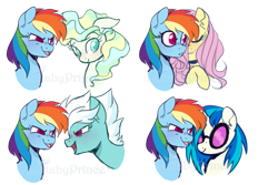 Size: 900x600 | Tagged: safe, artist:lullabyprince, derpibooru import, dj pon-3, fleetfoot, fluttershy, rainbow dash, vapor trail, vinyl scratch, pegasus, pony, unicorn, bust, choker, colored pupils, female, fleetdash, floppy ears, flutterdash, lesbian, mare, open mouth, portrait, rainbow dash gets all the mares, shipping, simple background, solo, transparent background, vapordash, vinyldash