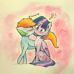 Size: 1837x1836 | Tagged: safe, artist:captainpudgemuffin, derpibooru import, rainbow dash, twilight sparkle, twilight sparkle (alicorn), alicorn, pegasus, pony, blushing, cute, female, kissing, lesbian, mare, shipping, traditional art, twidash, weapons-grade cute