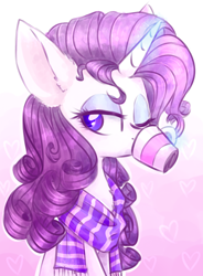 Size: 1024x1394 | Tagged: safe, artist:starlet8228, rarity, pony, unicorn, clothes, drinking, looking at you, one eye closed, scarf, solo, wink