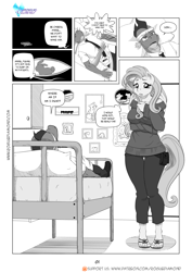 Size: 1200x1697 | Tagged: safe, artist:pia-sama, angel bunny, fluttershy, spike, anthro, plantigrade anthro, comic:rogue diamond, clothes, comic, feet, injured, monochrome, sandals, sweater, sweatershy, toes