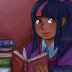 Size: 3000x3000 | Tagged: safe, artist:superlucky13, derpibooru import, twilight sparkle, human, book, dark skin, high res, humanized, solo