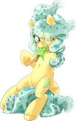 Size: 507x803 | Tagged: safe, artist:coalcloud, artist:pyoo-kee-pony, artist:squidip, derpibooru import, oc, oc only, oc:tentacream, food pony, original species, food, ice cream, looking at you, mouth hold, simple background, solo, tentacles, transparent background, unshorn fetlocks