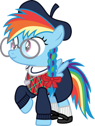 Size: 905x1200 | Tagged: safe, artist:cloudyglow, derpibooru import, rainbow dash, pegasus, pony, alternate hairstyle, american girls, beret, braid, clothes, cute, female, filly, glasses, hat, mary janes, rainbow dash always dresses in style, shoes, simple background, skirt, socks, solo, sweater, transparent background, younger