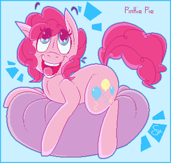 Size: 350x333 | Tagged: safe, artist:dr-idiot, pinkie pie, earth pony, pony, ball, cute, looking up, open mouth, pixel art, ponk, prone, smiling, solo