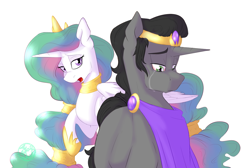 Size: 1024x690 | Tagged: safe, artist:farewelldecency, idw, king sombra, princess celestia, alicorn, pony, unicorn, alternate hairstyle, celestibra, crying, female, male, reformed sombra, shipping, simple background, story included, straight, white background